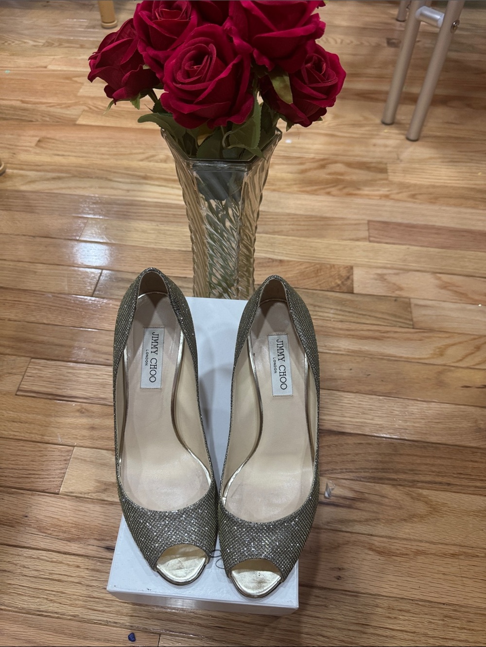 Jimmy Choo Gold Glitter Peep-Toe Heels